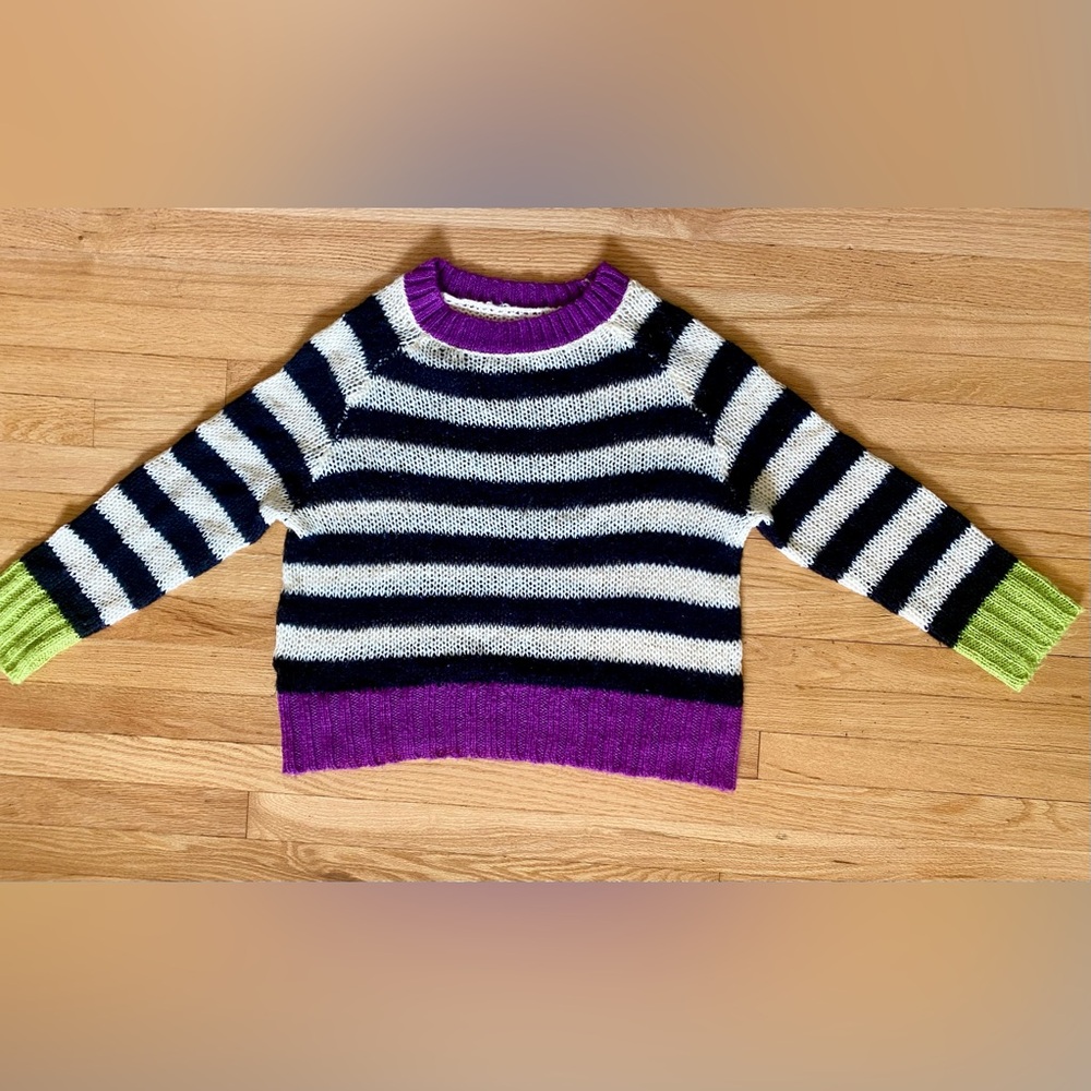 SHEIN Striped Black and White Sweater with Purple and Green Accents